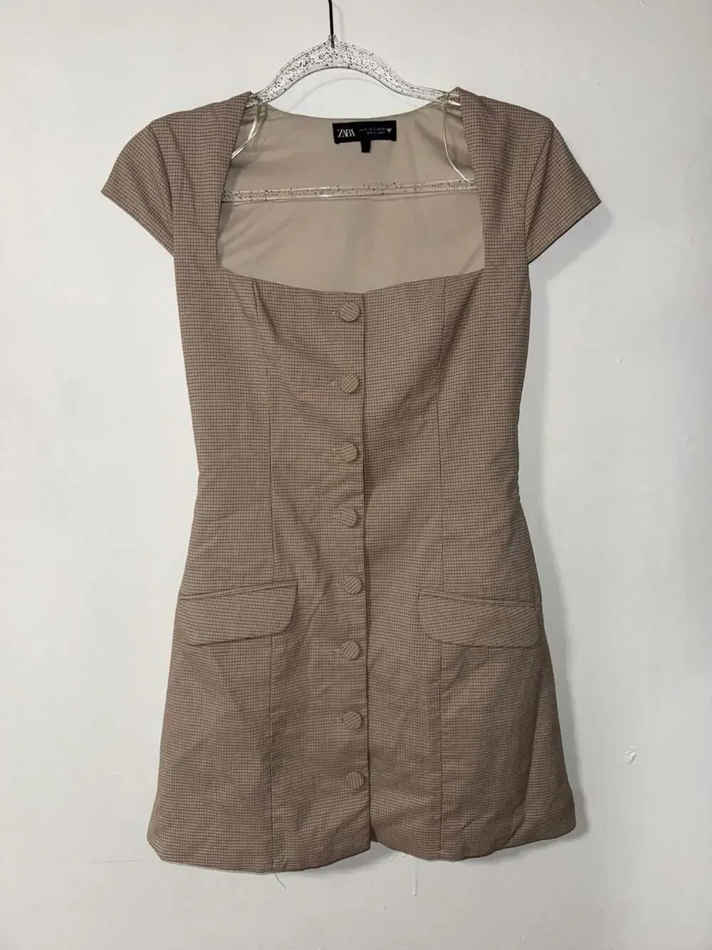 Zara Brown Plaid Check Square Neck Button Up Mini Dress